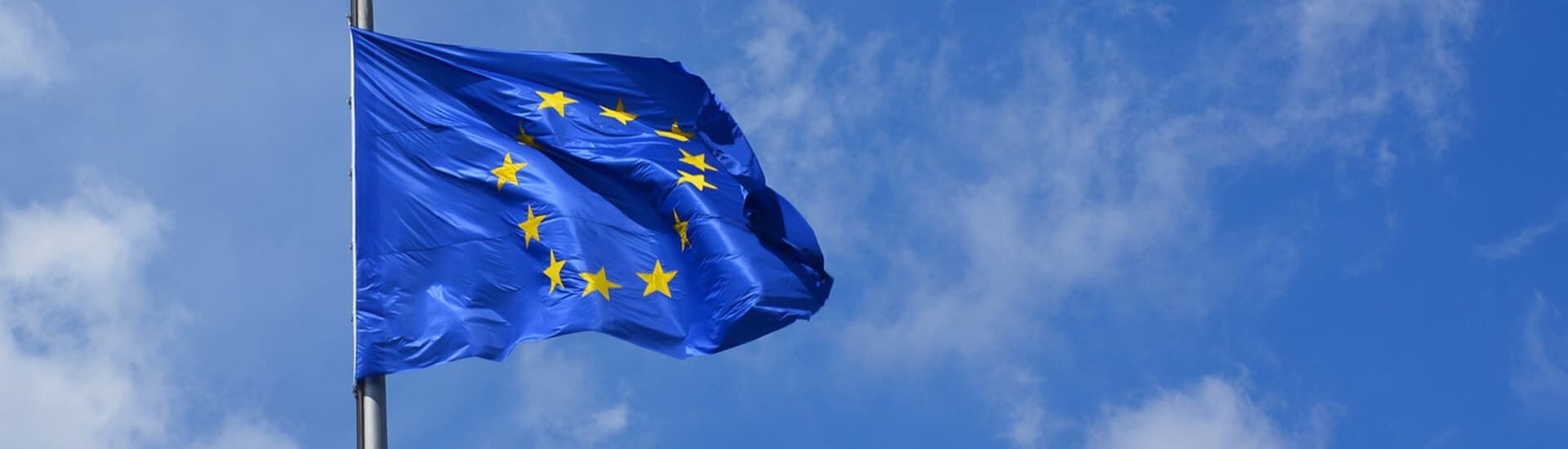 Die Europafahne weht im Wind vor einem blauen Himmel
